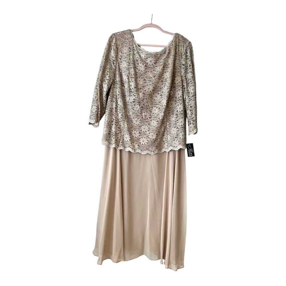 NWT Alex Evenings Crew Neck 3/4 Sleeve Sequin Lace Dress- Taupe 24W